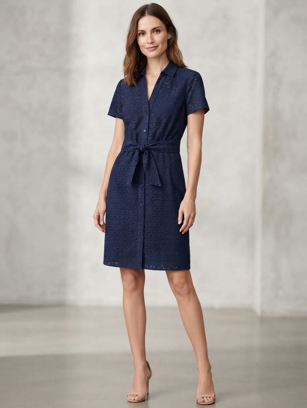 Talbots Navy Eyelet Tie-Waist Shirt Dress